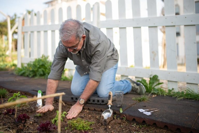Elderly man gardening in a sunny backyard, surrounded by plants and tools.